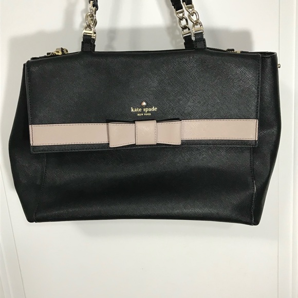 kate spade Handbags - kate spade Large Black Satchel with Beige Bow Trim